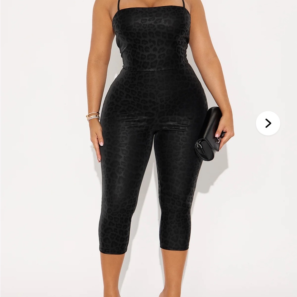 Fashion Nova Black Leopard-Print Capri Jumpsuit